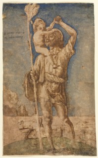 Saint Christopher, c.1500. Andrea Mantegna (Italian, 1431-1506). Pen and brown ink and blue gouache