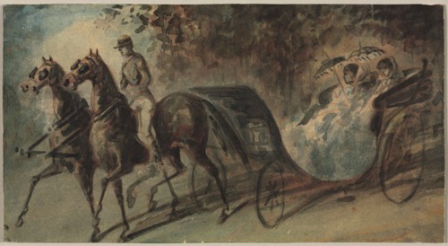 Carriage in the Bois de Boulogne, 1800s. Constantin Guys (French, 1805-1892). Watercolor; sheet: 14