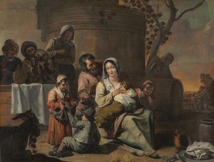 Vintage Scene and Peasant Children Dancing (painting pair), 1650s. Circle of Le Nain (French). Oil