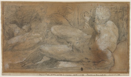Three Male Nudes, c. 1540-1547. Domenico Beccafumi (Italian, 1486-1551). Black chalk or charcoal