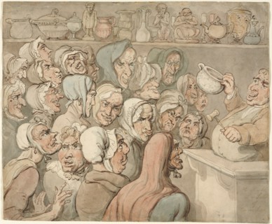 Old Maids at a Sale of Curiosities. Thomas Rowlandson (British, 1756-1827). Pen and brown and gray