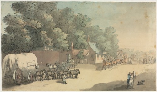 The Turnpike Gate, 1700s. Anonymous. Pen and ink and watercolor wash