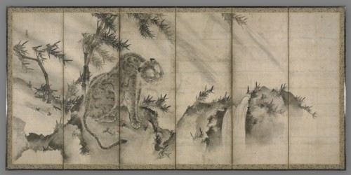 Tiger, 1500s. Sesson Shukei (Japanese, 1504-1589). Pair of six-panel folding screens; ink on paper;