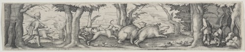 Boar Hunt. Virgilius Solis (German, 1514-1562). Engraving