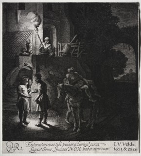 The Good Samaritan Paying the Innkeeper. Jan van de Velde (Dutch, 1620-1662). Engraving