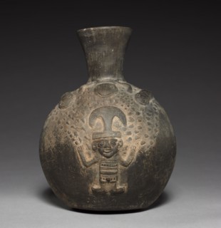 Bottle with Figure in Relief, 1200s-1400s. Peru, probably Chiclaya, Chimu, 13th-15th century. Black
