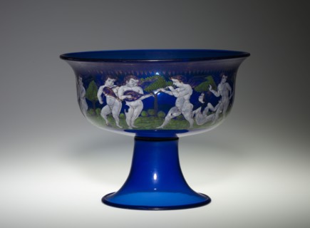 Tazza with a Frieze of Putti, 1800s. Italy, Venice (Murano), 19th century. Enameled blue glass;