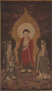 Amitabha Triad, possibly 1400s. Chinese, Ming dynasty (1368-1644). Hanging scroll, ink and color on