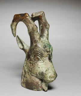 Ibex-Head Ornament, c. 525-450 BC. Iran, Achaemenian, 6th-5th Century BC. Bronze; overall: 16.9 x 6