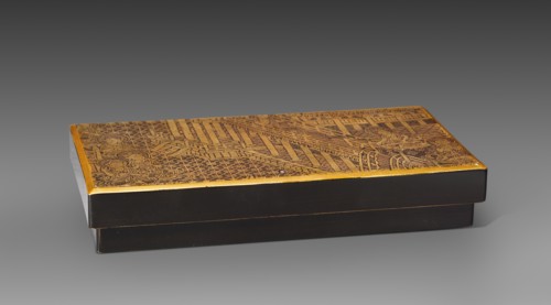 Fragment Mounted as a Box Cover with a Scene from Amida's Paradise, 1100s. Japan, late Heian Period