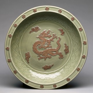Plate with Relief Dragon among Clouds, 1300s. China, Zhejiang province, Longquan region, Yuan