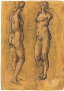 Copy of an Antique Statue of a Standing Woman (two views), over a Sketch of a Putto, 1570s. Jacopo