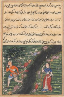 Page from Tales of a Parrot (Tuti-nama): Sixteenth night: The vagabond crosses a stream with the