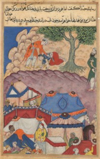 Page from Tales of a Parrot (Tuti-nama): Twenty-fourth night: Habbaza meets Bashir under a tree, c.