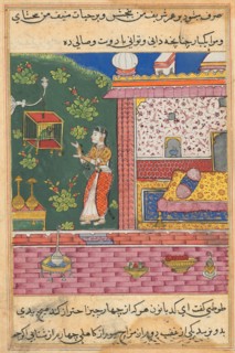 Page from Tales of a Parrot (Tuti-nama): Thirtieth night: The parrot addresses Khujasta at the