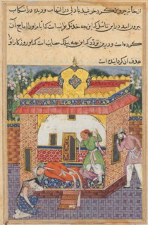 Page from Tales of a Parrot (Tuti-nama): Thirty-second night: Latif, who has murdered his brother,