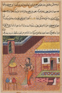 Page from Tales of a Parrot (Tuti-nama): Thirty-fourth night: The parrot addresses Khujasta at the