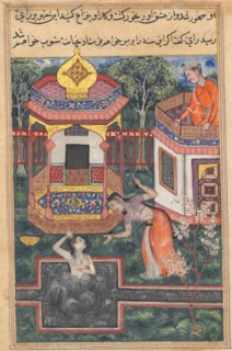 Page from Tales of a Parrot (Tuti-nama): Thirty-fifth night: The son of the king of Babylon sees