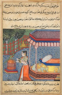 Page from Tales of a Parrot (Tuti-nama): Thirty-sixth night: The parrot addresses Khujasta at the