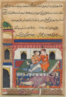 Page from Tales of a Parrot (Tuti-nama): Fortieth night: Shahr-Arai and her lover dallying on a bed
