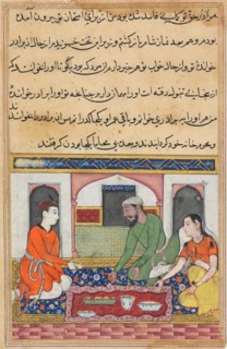 Page from Tales of a Parrot (Tuti-nama): Fortieth night: Shahr-Arai and her husband adopt her lover