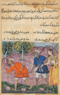 Page from Tales of a Parrot (Tuti-nama): Forty-second night: The Raja’s daughter, born with three