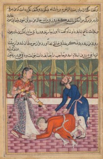 Page from Tales of a Parrot (Tuti-nama): Fiftieth night: The guard restores the son who falls at
