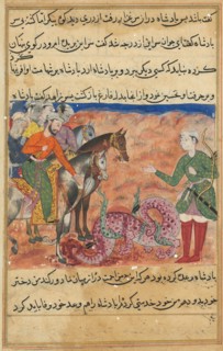 Page from Tales of a Parrot (Tuti-nama): Fifty-second night: The king asks the pious man’s son for
