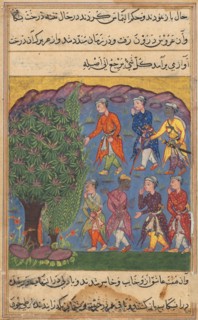 Page from Tales of a Parrot (Tuti-nama): Sixth night: Seven men disputing possession of a woman