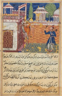 Page from Tales of a Parrot (Tuti-nama): Eighth night: The deceitful wife returns to her terrace