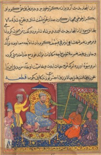 Page from Tales of a Parrot (Tuti-nama): Ninth night: The parrot brings a fruit from the Tree of