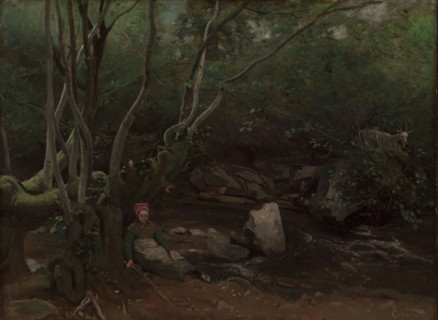Lormes:  Goat-Girl Sitting Beside a Stream in a Forest, 1842. Jean Baptiste Camille Corot (French,