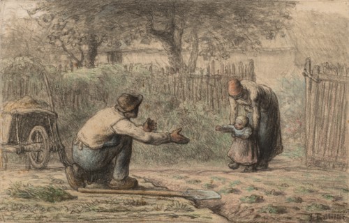 First Steps, c. 1858-1866. Jean-François Millet (French, 1814-1875). Black chalk and pastel; sheet: