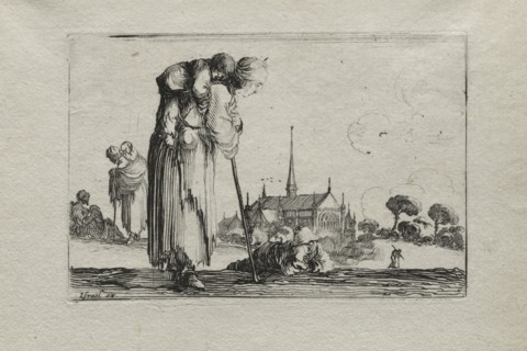 Caprices:  Standing Beggar Woman Carrying a Child on her Back. Stefano Della Bella (Italian,