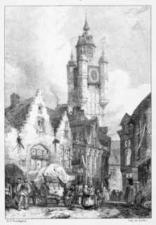 Bergues:  La Tour du marché, 1824. Richard Parkes Bonington (British, 1802-1828). Lithograph