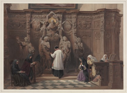 Confessional, Church of St. Paul, Antwerp, 1838. Louis Haghe (British, 1806-1885). Color lithograph