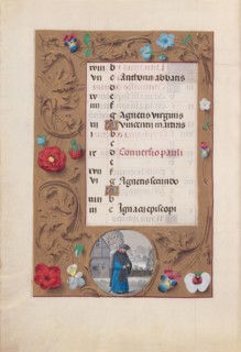 Hours of Queen Isabella the Catholic, Queen of Spain:  Fol. 2v, January - Snow Landscape, c. 1500.