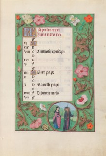 Hours of Queen Isabella the Catholic, Queen of Spain:  Fol. 5r, April - Squire and Damsel, c. 1500.