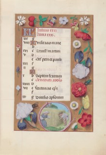 Hours of Queen Isabella the Catholic, Queen of Spain:  Fol. 8r, July - Harvesting Wheat, c. 1500.