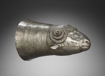 Ram-Head Drinking Vessel, c. 600 BC. Iran, Median, late 7th Century BC. Silver; overall: 30.3 x 19