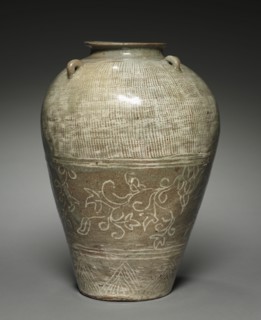 Jar with Scroll Design, 1400s. Korea, Joseon dynasty (1392-1910). Buncheong ware with incised,