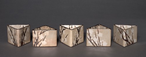 Set of Five Serving Bowls (Mukozuke) with Prunus Design, 1700s-1800s. School of Ogata Kenzan