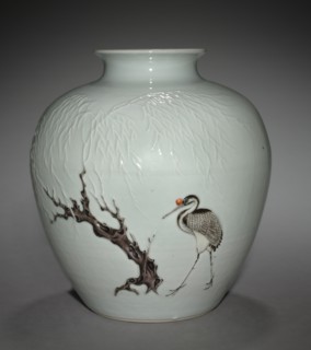 Jar with Crane and Willow in Relief, 18th Century. China, Jiangxi province, Jingdezhen kilns, Qing