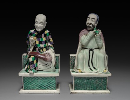 Lohan Holding a Peach; Lohan Holding a Fu Dog, 1662-1722. China, Jiangxi province, Jingdezhen