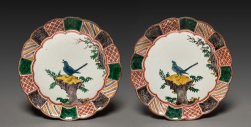 Pair of Dishes with Singing Bird on a Rock: In Ko Kutani Style, 18th century. Japan, Edo Period