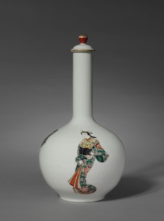 Sake Bottle with Three Figures: Arita Ware, Ko Imari Type, late 1700s. Japan, Edo Period