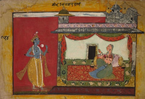 The Approach of Krishna.  Page from a Rasamanjari, c. 1660-1670. India, Pahari, Basholi, 17th
