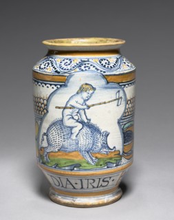 Pharmacy Jar, c. 1510. Italy, Siena, 16th century. Tin-glazed earthenware (maiolica); overall: 22.6