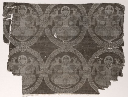 Lampas fragment with seated prince holding falcons in kufic medallions, 1654-1955. Probably Iran.
