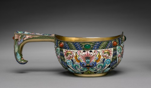 Kovsh (Wine Vessel), 1896-1906. Fedor I. Rückert (Russian, 1840-1917). Silver gilt, enamel,